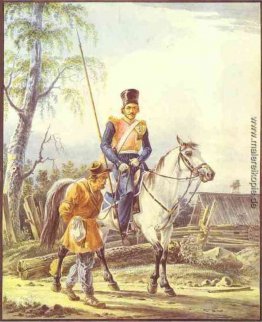 Ein berittener Kosaken Begleitung eines Bauern Ein berittener Kosaken Begleitung eines Bauern