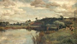 Fluss-Szene mit einem Schäferhund und Schafe durch eine Fähre Fluss-Szene mit einem Schäferhund und Schafe durch eine Fähre