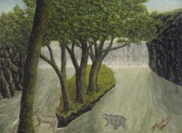 Tiere Crossing einem überschwemmten Fluss mit einer entfernten W Tiere Crossing einem überschwemmten Fluss mit einer entfernten W