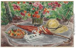 Vase de fleurs, assiette de peches, ombrelle et le Figaro Vase de fleurs, assiette de peches, ombrelle et le Figaro