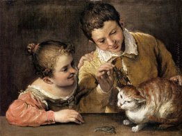 Zwei Kinder Teasing eine Katze Zwei Kinder Teasing eine Katze