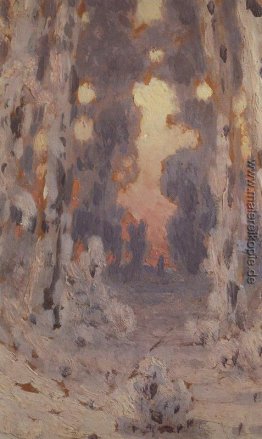 Sonnenflecken auf Frost. Sonnenuntergang im Wald Sonnenflecken auf Frost. Sonnenuntergang im Wald