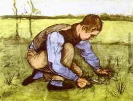 Jungen-Ausschnitt-Gras mit einer Sichel Jungen-Ausschnitt-Gras mit einer Sichel