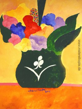Grüne Vase mit Blumen und Frucht Grüne Vase mit Blumen und Frucht