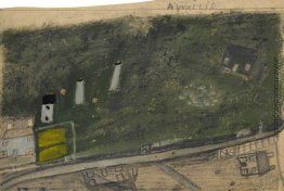 Landschaft mit Feld, Schornsteine und Straße zwischen Blau und Landschaft mit Feld, Schornsteine und Straße zwischen Blau und