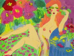 Nackt, Blau Tabelle und Blumen Nackt, Blau Tabelle und Blumen