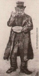 Waisenmann mit Hut, Essen aus einer Platte Waisenmann mit Hut, Essen aus einer Platte