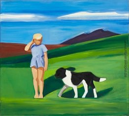 Junge und Hund in der isländischen Landschaft