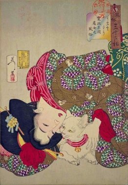 Eine junge Frau aus Kansei Periode spielt mit ihrer Katze