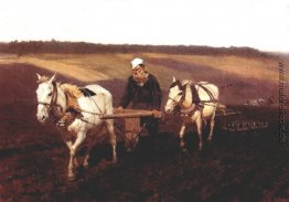 Porträt von Leo Tolstoi als Pflüger auf einem Feld