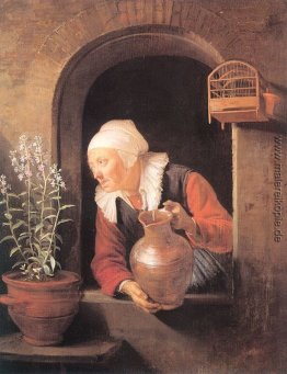 Alte Frau Blumen gießen