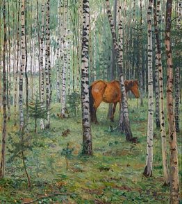 Pferd zwischen Birken