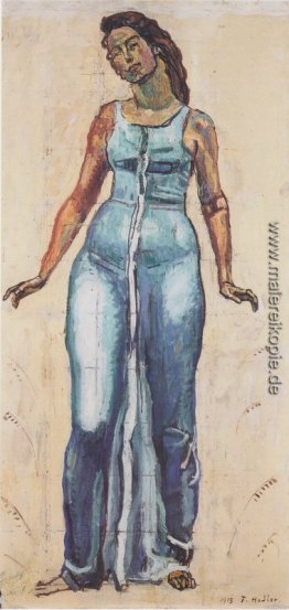Stehende weibliche Figur in einem blauen Kleid