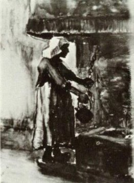 Frau mit Kettle durch den Kamin