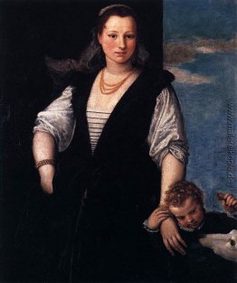 Porträt der Frau mit einem Kind und einem Hund