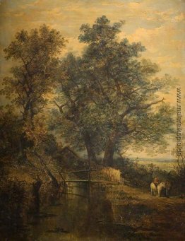 Ein Bach, Brücke, Bäume und zwei Figuren in einer Landschaft