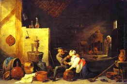 Ein alter Bauer streichelt einer Küchen-Mädchen in einem Stall