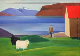 Isländische Landschaft mit Schafen, Mensch und Red Roof