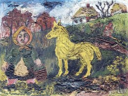 Frau mit hölzernen Eimer und gelb Pferd