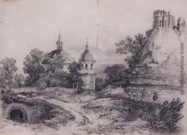 Landschaft mit Kirche und den Ruinen