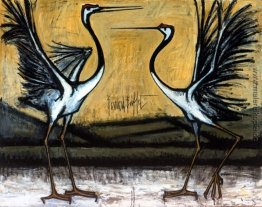 Les grues d'Hokkaido: deux oiseaux Kombattanten
