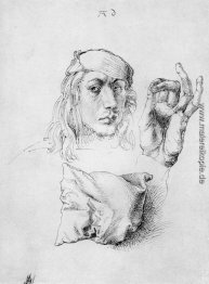 Studienblatt mit Selbstbildnis, Hand, und Kissen