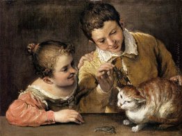 Zwei Kinder Teasing eine Katze