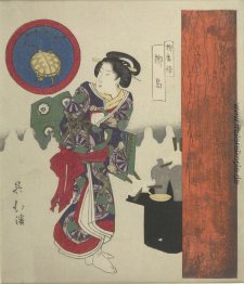 Frau, die durch Lack Tablett mit Sake Frau, die durch Lack Tablett mit Sake