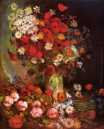 Vase mit Mohnblumen, Kornblumen, Pfingstrosen und Chrysanthemen