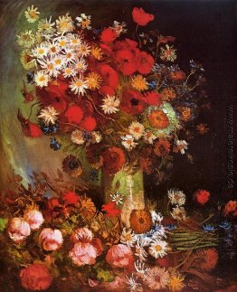Vase mit Mohnblumen, Kornblumen, Pfingstrosen und Chrysanthemen