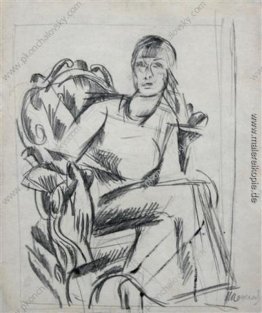 Eine Skizze eines weiblichen Figur, die in einem Stuhl für das P