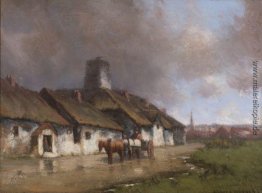 Pferd und Wagen Mit Cottage unter stürmischen Himmel