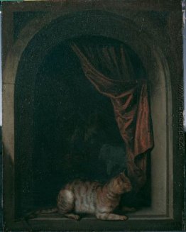 Eine Katze, die am Fenster eines Malerateliers