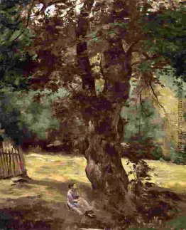 Frau unter einem Baum sitzend