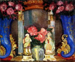Stilleben mit Porzellanfiguren und Rosen