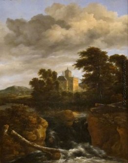 Landschaft mit einem Wasserfall und Schloss