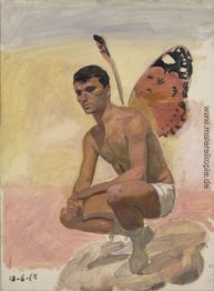 Mann mit Schmetterlingsflügeln, sitzend, Studie vom Leben Mann mit Schmetterlingsflügeln, sitzend, Studie vom Leben