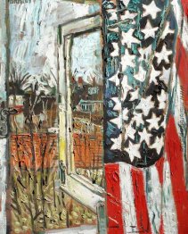 Von der Coach House Fenster, mit einem 45 spielen Flagge mit Vor Von der Coach House Fenster, mit einem 45 spielen Flagge mit Vor