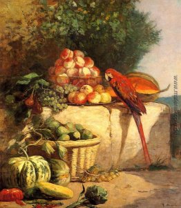 Obst und Gemüse mit einem Papageien