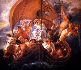 Die Heilige Familie mit Figuren und Tieren in einem Boot