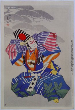 Ichikawa Danshiro als Sanbasô Tänzerin in blauen Kimono