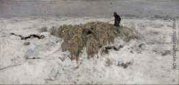 Schafherde mit Schäfer in den Schnee