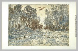 Snowy Pfad durch eine Holz in den Wald von Fontainebleau
