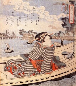 Frau in einem Boot auf dem Sumida-Fluss