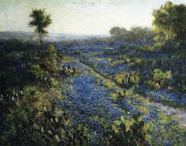 Field of Texas Bluebonnets und Kaktusfeige-Kaktus-