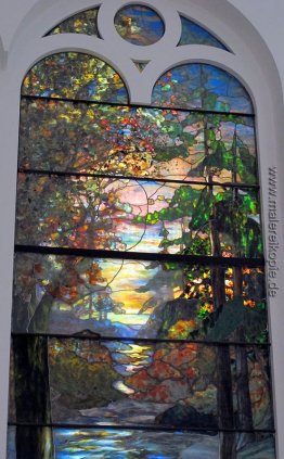 Fenster mit Herbst Sonnenuntergang im Wald
