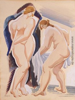 Zwei nackte Frau-Figuren mit einem Tuch