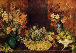 Vase, Korb mit Blumen und Frucht