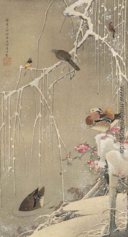 Willow Tree und Mandarinen-Enten im Schnee