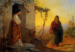 Maria, die Schwester des Lazarus, trifft Jesus, der zu ihrem Hau